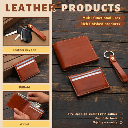 CBHGFEA 51-Piece Leather Working Kit: CBHGFEA Craft Tools Set with Edge Beveler Vegetable Tanned Leather Compass Wax Thread Video Tutorials for Wallets Card Holders and Keychains Crafts for Adults