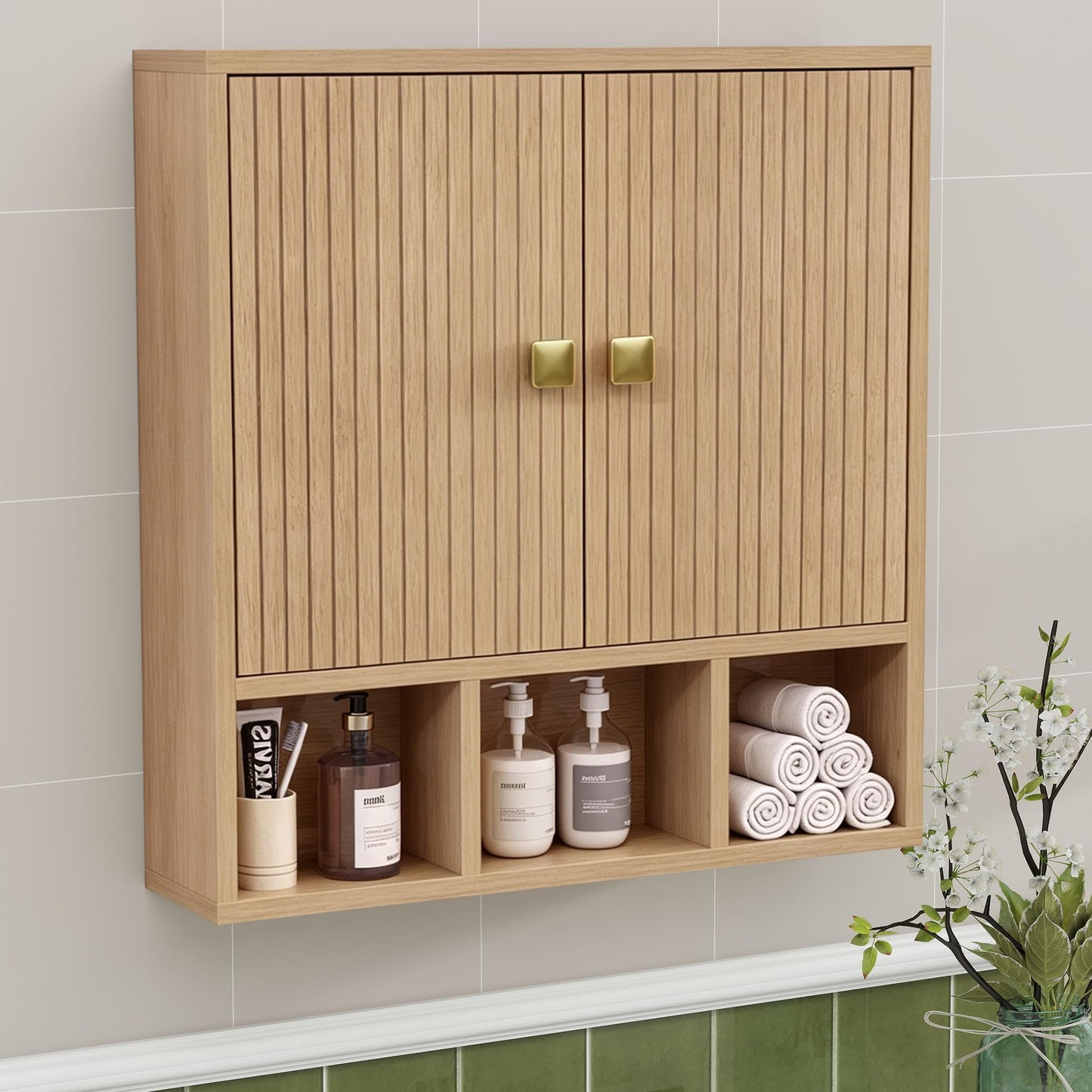 Tltaroni Bathroom Wall Cabinet,Wooden Medicine Cabinet with Fluted Doors Over The Toilet Storage Cabinet with Adjustable Shelf for Bathroom,Wood
