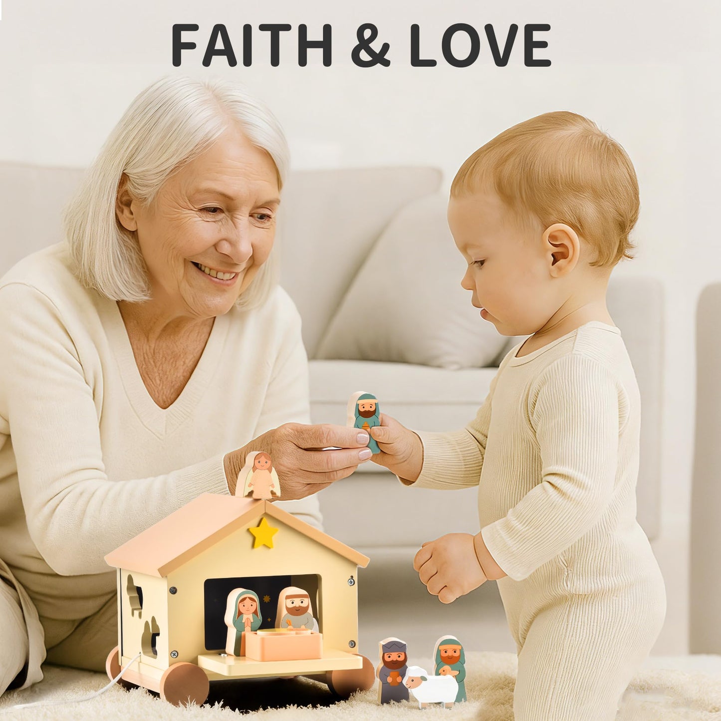 Mauzutta Wooden Nativity Set Montessori Toys for 1 Year Old - Baptism Gifts for Boys Girls - Religious Christening Gift - Bible Toys for Toddlers 1-3 House on Wheels Shape Sorter