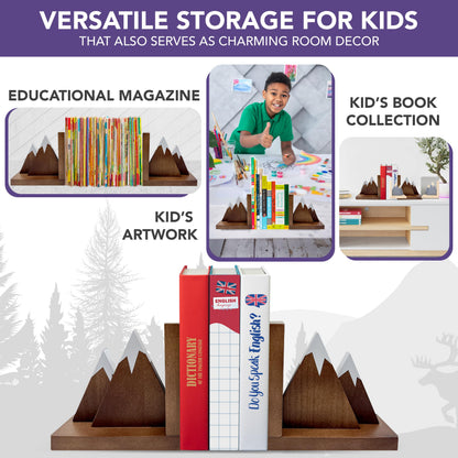 Decorably Dark Walnut Mountain Book Ends for Kids Books - 1 Set Non-Skid Wooden Mountain Bookends for Kids - Kid's Room, Nursery, Classroom