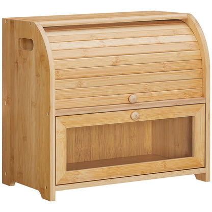 HOOBRO Bread Box, Bamboo Bread Box for Kitchen Countertop, 2 Tier Roll-Top Bread Bin, Food Storage Box, Large Capacity Keeper, Wooden Storage Cabinet, for Kitchen, Dining Room, Natural YL13MB01
