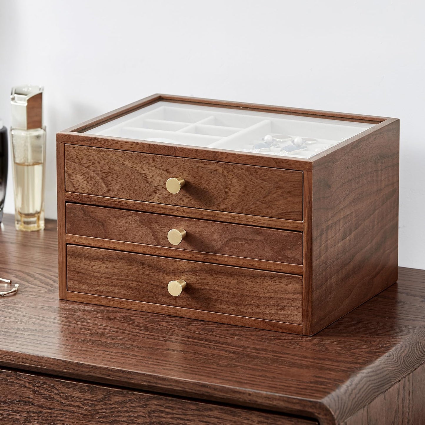 CHOSIN Black Walnut Wooden Jewelry Box for Women, 3-Layer Wood Jewelry Organizer with Glass Lid for Watches, Necklaces, Rings & Earrings Storage, Ideal Gift for Her, Fathers Day Gift