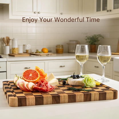FYCTIO Wooden Cutting Boards for Kitchen, Checkered Cutting Board 1.2" Thickened, Walnut Chopping Board with Juice Grooves & Handles, Double-sided Butcher Block with Gift Box, 17" x 12"