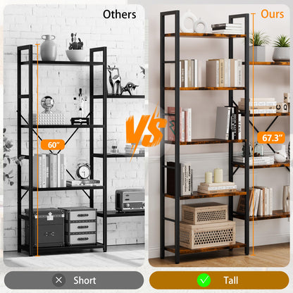 Shintenchi Triple 5 Tier Bookshelf, Industrial Large Bookcase with 14 Open Display Shelves, Large Etagere Bookshelf,Wide Book Shelf Book Case for Home & Office, Brown