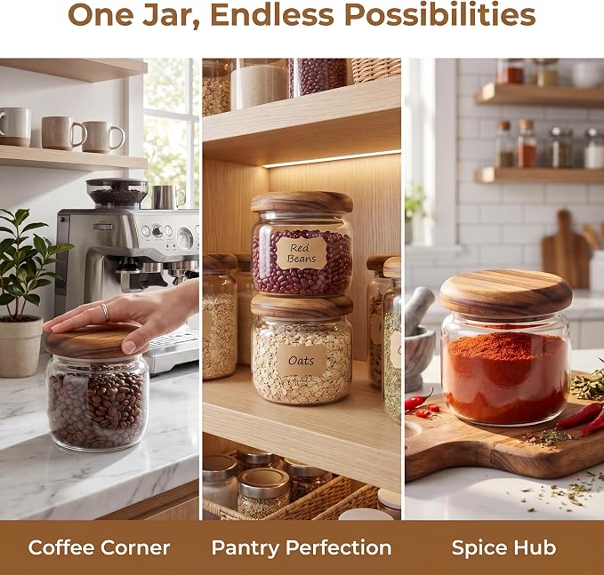 4-Pack 10 fl oz Wide Mouth Mason Jars with Spoon & Labels, Acacia Wood Lids, Press Seal, No Plastic, for Food, Snacks, Candy, Fruits, Coffee Beans, Spices & Dry Storage, Pantry Organizer.