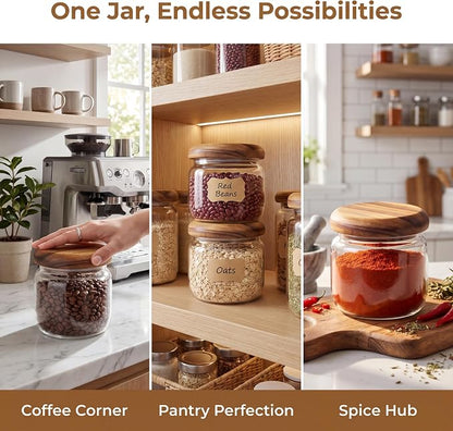 2-Pack 10 fl oz Wide Mouth Mason Jars with Spoon & Labels, Acacia Wood Lids & Press Seal, No Plastic, for Pantry, Coffee, Yogurt, Candy, Spice Storage.