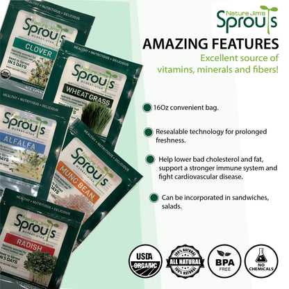 Nature Jims Sprouts alfalfa Seeds – 16 Oz Organic Sprouting Seeds – Non-GMO Premium Alfalfa Seeds – Resealable Bag for Longer Freshness – Rich in Vitamins, Minerals, Fiber