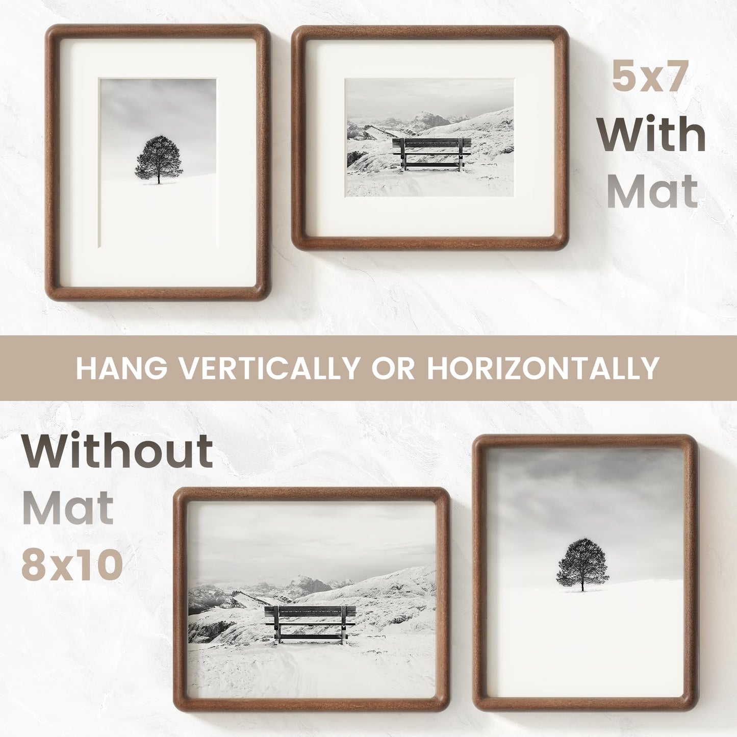 FLYJOE 8x10 Picture Frame Set of 2, Natural Solid Walnut Wood Photo Frame with Tempered Glass, Handcrafted Rounded Corner 8 x 10 Wooden Frame Matted to 5x7 Photo, Wall or Tabletop Display