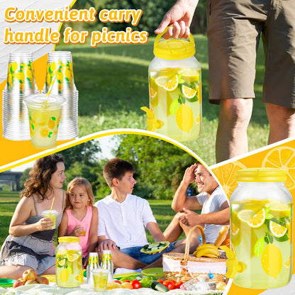 Umigy Lemonade Stand Supplies, 1 Gallon Plastic Drink Dispenser with Spigot, 100 Pcs 16 oz Lemon Disposable Plastic Cups with Lids and Straws, for Party Beverage Juice Ice Tea Beer(Lemon,Yellow)