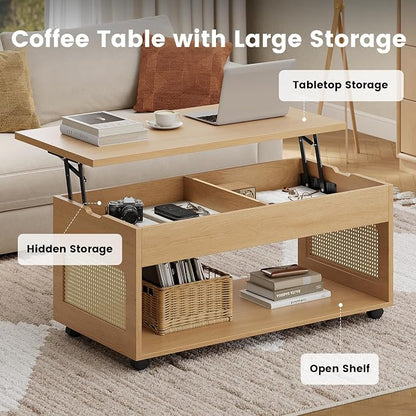 Sikaic Lift Top Coffee Table with Storage, Boho Rattan Convertible Coffee Tables with Lockable Wheels, Hidden Compartment and Open Shelf, Center Table for Living Room, Bedroom, Dining Room, Natural