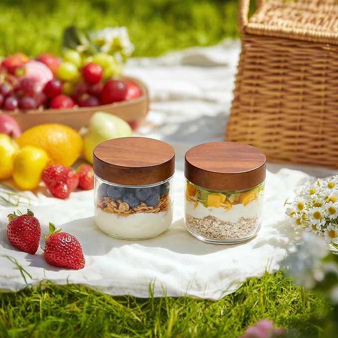 Danmu 12 oz Overnight Oats Containers with Lids,Glass Jars with Lids 6 Pack | Wooden Lid,Mason Jars 12 oz with Lids,Meal Prep,Yogurt,Leak-proof,Dishwasher Safe(remove lids),Fridge Safe,Portable