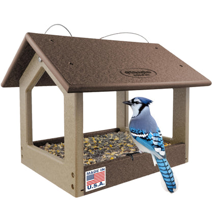 DutchCrafters Amish USA Made Recycled Plastic Large Hanging Modern Fly Through Covered Roof Open Platform Tray Bird Feeder for Outdoors, Garden, Yard (Tudor Brown & Weatherwood)