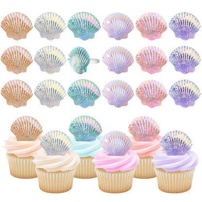 Kenning 24 Pcs Resin Seashell Cupcake Ring Toppers Under the Sea Cupcake Topper for Seashell Theme Birthday Party Cake Decorations Baby Shower Weeding Anniversary Sea Party Supplies