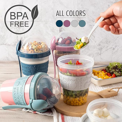 Hakan Overnight Oats Containers with Lid & Spoons, 4 Pack - 20 oz, Reusable Yogurt Parfait Cups with Topping Dome - BPA-Free Plastic Cereal & Fruit Cups to Go - Large Breakfast Jars for Work & School