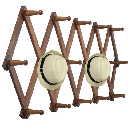 WEBI Accordion Wall Hanger, Wooden Coat Rack Wall Mounted, Hat & Cap Hook Rack, 16 Peg Hooks, Walnut Color