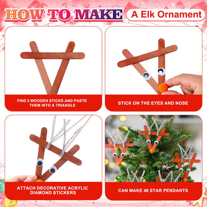 Soulchen 48 Sets Christmas Reindeer Ornaments Crafts Kits DIY Craft Sticks for Kids Make Your Own Reindeer Christmas Hanging Tree Wooden Ornaments Art for Holiday Activities Xmas Decoration