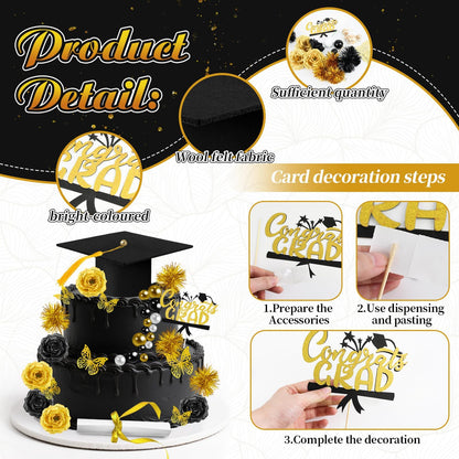 39 Pcs Graduation Cake Kit Includes Felt Graduation Cap Topper with Tassel Firework, 3D Butterfly Decor Beads, Flowers Diploma Cake Decorations, Cake Topper for 2026 Graduate Party (Black Gold).