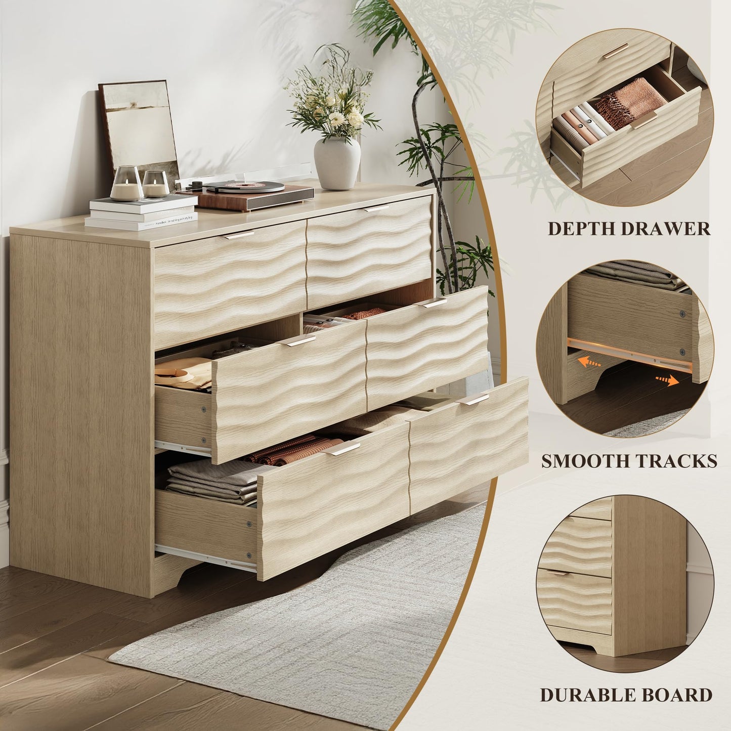 MALOL Coastline Fluted 6 Drawers Dresser for Bedroom, 48" Wide Modern Chest of TV Stand Organizers with Metal Handle, Storage Wooden Dresser Drawer for Living Room, Hallway, Closet, Natural Wood