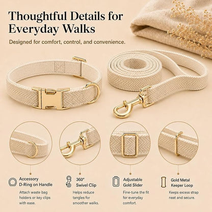 Herringbone Tweed Dog Collar and Leash Set for Small Dogs, Light Beige | Snag-free, no-rub design. Soft breathable cotton, gentle on fur. Adjustable durable matching combo for walks & outdoors.