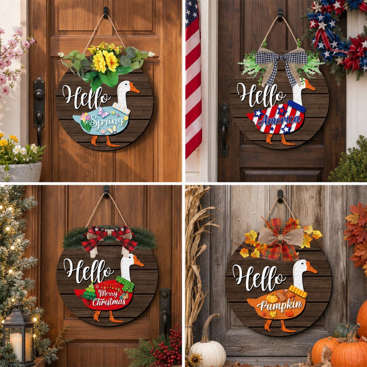 Gameza Goose Interchangeable Welcome Sign, Wooden Rustic Holiday Seasonal Decor, Hello Geese Door Sign with 4 Seasonal Wreaths and 12 Changeable Icons Home Decorations