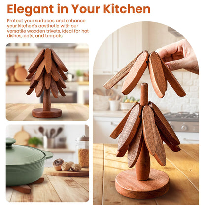 5Pcs Wooden Trivets for Hot Dishes - Heat Resistant Hot Pads for Kitchen, Tree Shaped Wood Trivet Set of 5 with Stand, Walnut Wooden Kitchen Accessories for Pots and Bowls (Walnut Wood 5)