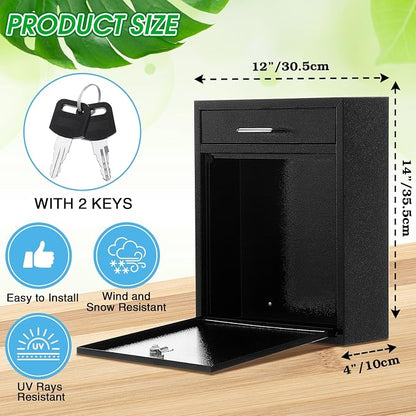 Yaocom Locking Mailbox with Key for Outdoor 14 x 12 x 4 Inches Large Wall Mount Mail Box with Lock Security Mail Drop Metal Collection Boxes Hanging Secure Postbox (Black)