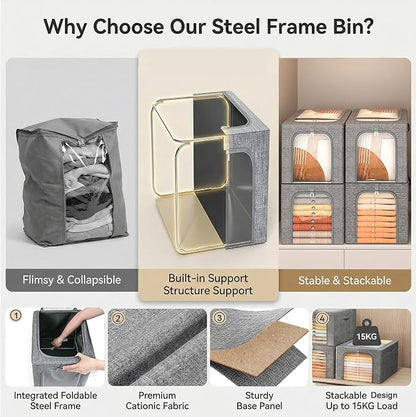 GoMaihe Clothes Storage Bins Metal Frame: 55L Extra Large Stackable Closet Storage Organizer with Lid & Clear Window, Heavy Duty Blanket Boxes for Winter Coats Comforters (Fits Deep Closet 4-Pack)