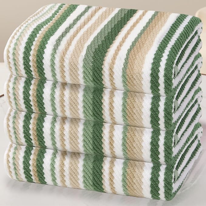 Green Bath Towels Set of 4, Striped Bath Towels