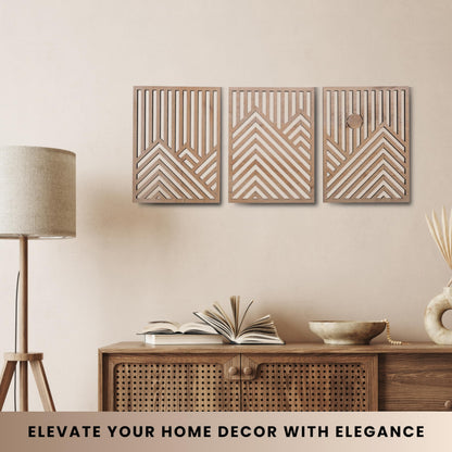 qmmp Modern Wooden Wall Sculptures - Set of 3 - Home Decor Accent - Large Wall Art for Living Room, Bedroom, Office - Easy Installation (Oak, Medium - Mountain and Sun)