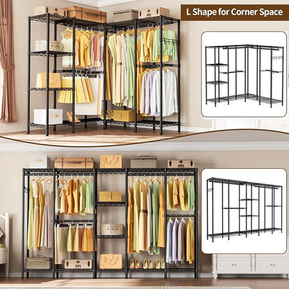 Golpart Heavy Duty Garment Rack Clothes Rack,Large Metal Closet Organizer System Storage Wardrobe,Freestanding Clothing Rack with Adjustable Wire Shelves& Hang Rods,MaxLoad 1100lbs