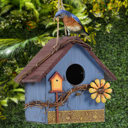 AHUONEL Hanging Bird Houses for Outside Decorative Birdhouse, Garden Bird Feeders for Outdoors, Blue Wooden Bird Nest Box for Wren Finchs Hummingbird Cardinal Bluebird Wild Birds, Gift for Bird Lovers
