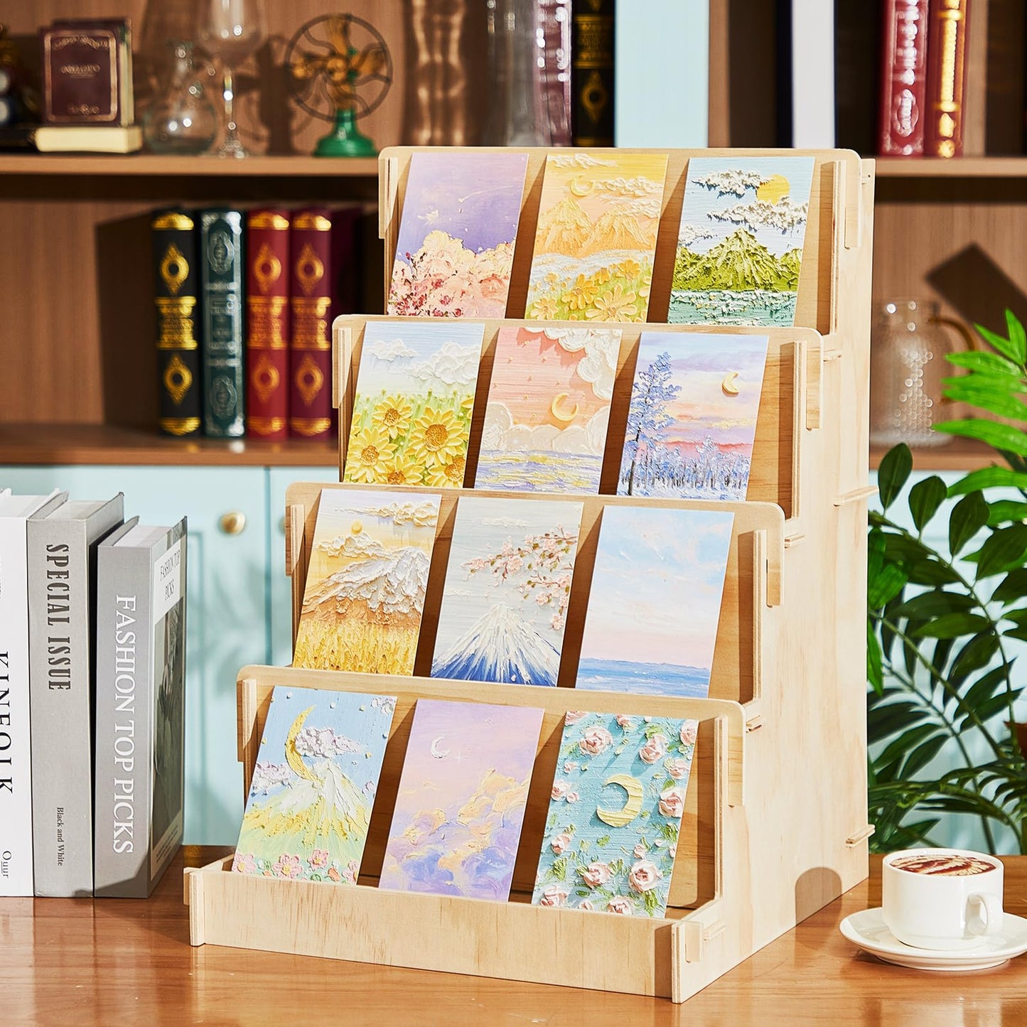 Barydat Wooden Card Display Stand Stationary Organizer Sticker Stand for Vendor Crafts Greeting Card Organizer Rack Retail Display Holder(14.57 x 14.96 x 20.47 Inch (4 Tier),Wood)