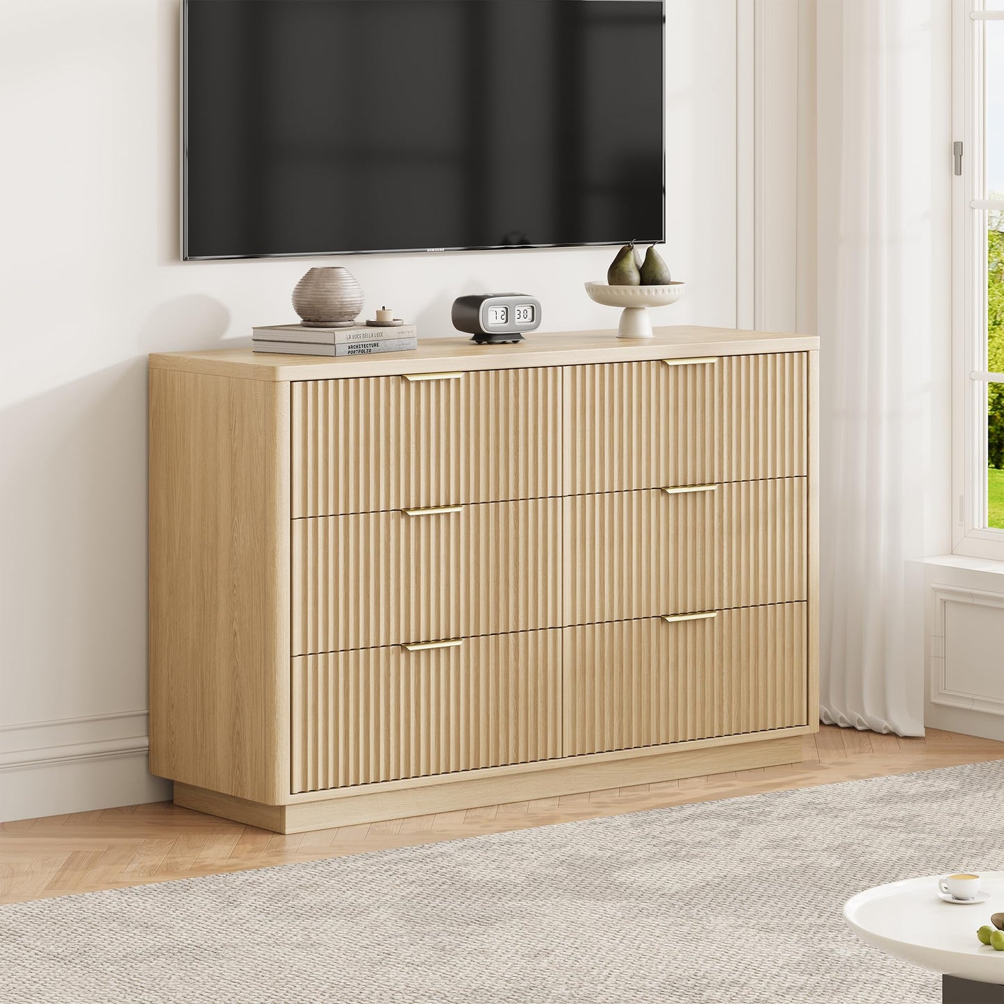 Ball & Cast Fluted Dresser for Bedroom with 6 Drawers,47" W Modern Chest of Drawers with Metal Handles,Wood Dresser TV Stand,Closet Dresser Drawers Organizer for Living Room,Hallway,Natural Oak