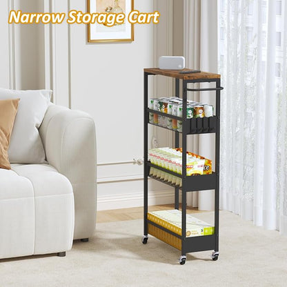 Vincona 7.1" Wide Slim Rolling Utility Cart, 4 Tier Metal Narrow Storage Cart with Handle and Wood Top, Multifunctional Small Mobile Shelf Unit Organizer Trolley for Laundry, Bathroom, Kitchen