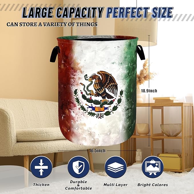 Vintage Mexican Flag Laundry Basket Oxford Cloth Foldable Mexico Laundry Hamper