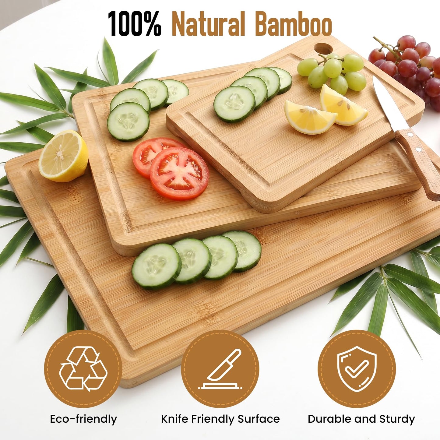 VIVIGU Bamboo Cutting Boards for Kitchen, 3-Piece Wood Cutting Board with Juice Grooves, Durable Wooden Chopping Boards Set for Meal Prep, Meat, Vegetables, Fruits, Serving, Kitchen Essentials
