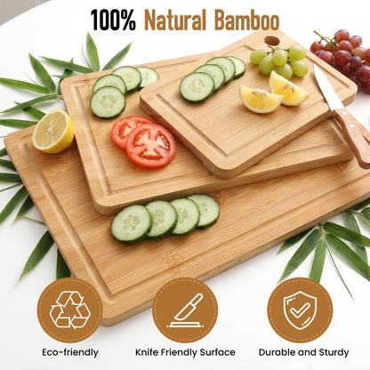 VIVIGU Bamboo Cutting Boards for Kitchen, 3-Piece Wood Cutting Board with Juice Grooves, Durable Wooden Chopping Boards Set for Meal Prep, Meat, Vegetables, Fruits, Serving, Kitchen Essentials