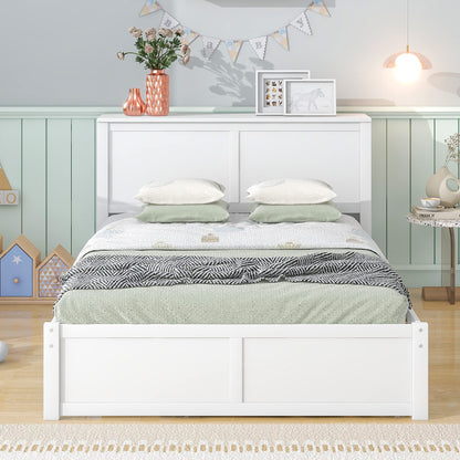 Merax Full Size Storage Platform Bed with Pull Out Shelves and Twin Size Trundle, Wooden Bed Frame with Storage Headboard for Bedroom, No Box Spring Needed