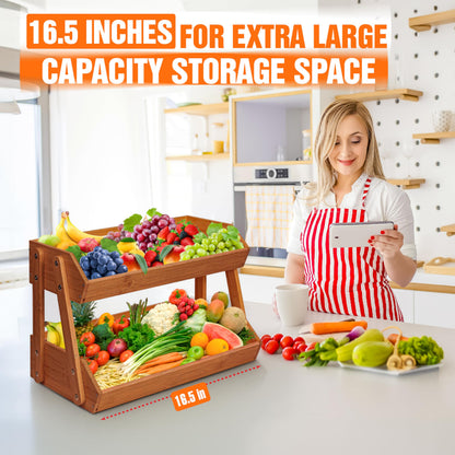 [Upgraded Length] 16.5-Inch Fruit Stand Storage Holder with 4 Sturdier Legs, 2-Tier Fruit Basket , Bamboo Fruit Bowl Holder for Fruit,Vegetables, Snacks, Home Kitchen Countertop Organizer (Walnut)