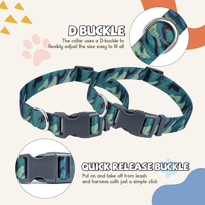 Print Patterned Dog Collar Leash Set, Adjusted Quick-Release Plastic Buckles and Heavy-Duty Steel D-Ring Nylon Collar Leash Set Strong Durable, Green Camo,S