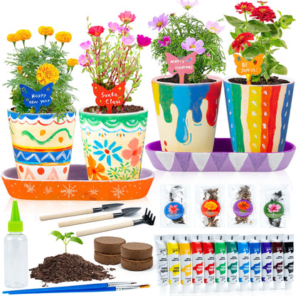 RGBDOT Kids Gardening Set Paint and Plant Stoneware Flower Gardening Kit with 4 Pots Arts and Crafts for Kids Ages 8-12 Best Children’s Day Gift for Girls Boys Ages 5 6 7 8 9 10