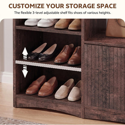Homiflex Shoe Cabinet with Bench, Entryway Bench with Shoe Storage, Wooden Shoes Rack with Adjustable Shelves, Farmhouse Organizer for Entryway, Living Room, and Stairwell, Red Brown