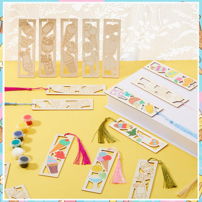 Yexiya 200 Pcs Ice Cream Color Your Own Bookmarks Kit, Summer DIY Coloring Blank Wooden Bookmarks, 100 Set Unfinished Bulk Hollow with Tassel Craft for Classroom Activities Birthday Party Favors Gift