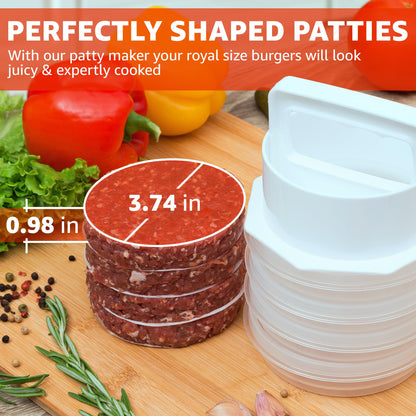 Mission Gallery Hamburger Press Patty Maker - 4 in1, Burger Mold, Patty Press, 7 Storage Containers, 100 Round Papers - Hamburger Patty Maker Tool for BBQ - Burger Shaper for Meat, Veggie Patties