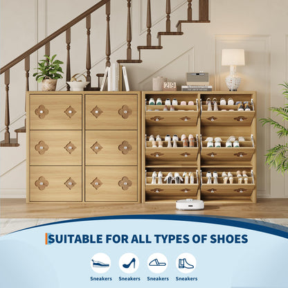Shoe Cabinet with 6 Flip Drawers, Shoe Storage Cabinet with Adjustable Shelves, Flower Pattern & Diamond Handle, Freestanding Slim Shoe Storage, Wooden Shoe Organizer Cabinet for Entryway, Natural