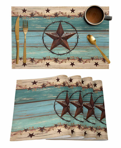 Western Texas Star Placemats Set of 6 Retro Turquoise Wooden Rustic Farmhouse 13x19 Inch Washable Non Slip Linen Table Mats, Rustic Summer Placemats for Dining Table Party Kitchen Decor