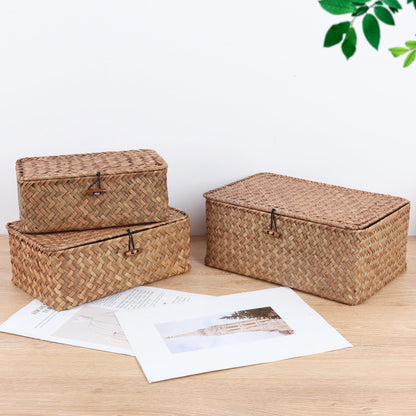 FEIALNDUO Wicker Shelf Baskets with Lid,Seagrass Storage Basket Bins Rectangular Handwoven Basket Boxes for Shelves Desktop Home Organizer (Coffee, X-Small)