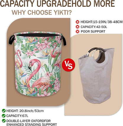 Watercolor Flamingo Laundry Hamper, Tropical Flower Leaves Clothes Hamper