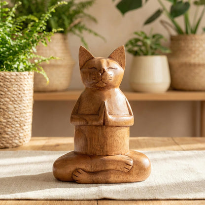 G6 Collection 8" Wooden Hand Carved Siamese Cat Yoga Pose Statue Sculpture Handcrafted Art Decoration Home Decor Accent Decorative Kitty Kitten Figurine Gift Handmade (Fire Log Pose)