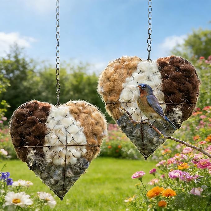 Handmade Alpaca Fiber Bird Nesting Heart with 6 Refill Bags, Reusable Nesting Material Accessory for Wild Birds, Outdoor Garden Decoration, Gift for Bird & Nature Lovers (3 Sets)